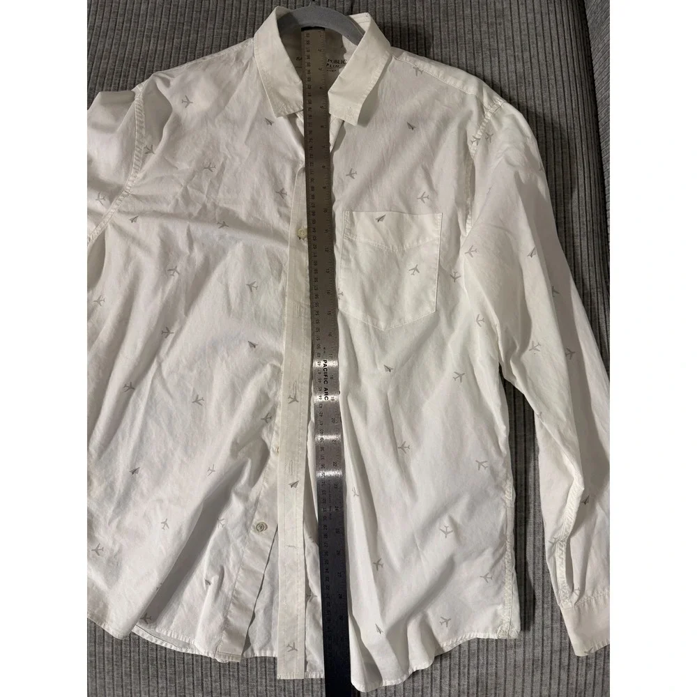 Banana Republic Luxe Poplin Mens Large Slim Fit White Airplane Print Button Down
